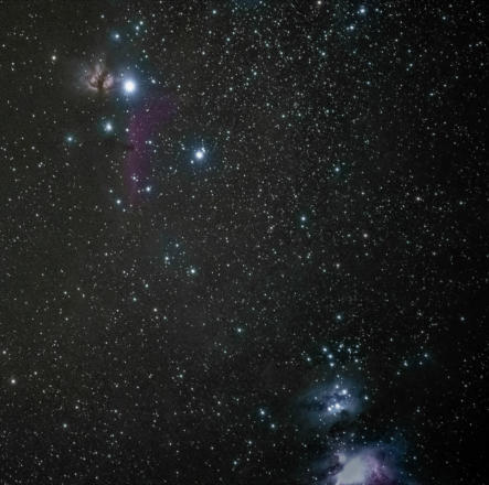 Flammennebel, Pferdekopfnebel  & unten rechts Teile des Orionnebels